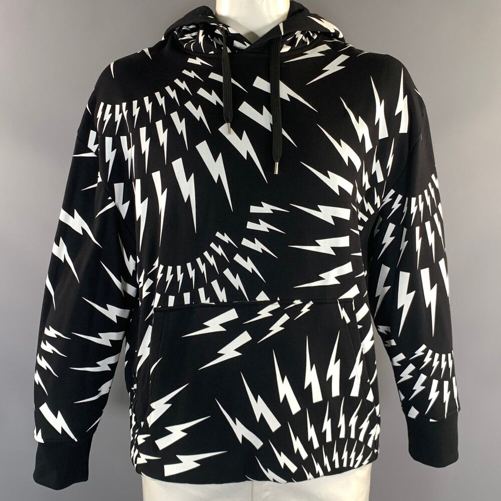 NEIL BARRETT Size XL Black White Lightning Bolts Hooded Sweatshirt